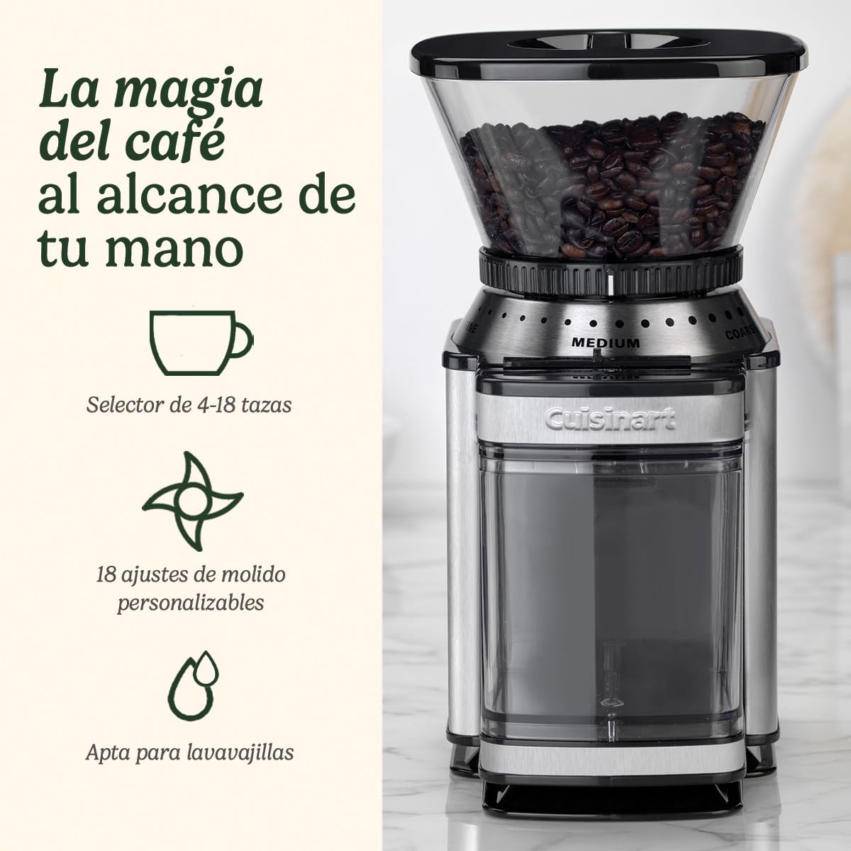 Cuisinart Molinillo de café, uso doméstico, 4-18 tazas, 8 posiciones de molido, Diferentes intensidades de infusión - espresso, cold brew, latte, cappuccino, Fresa Acero Inoxidable
