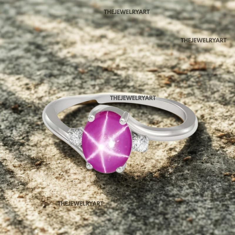 925 Sterling Silver Engagement Ring – Dainty Pink 6-Ray Star Ruby Ring Elegant Star Design Gems Handmade Jewelry Gift for Her