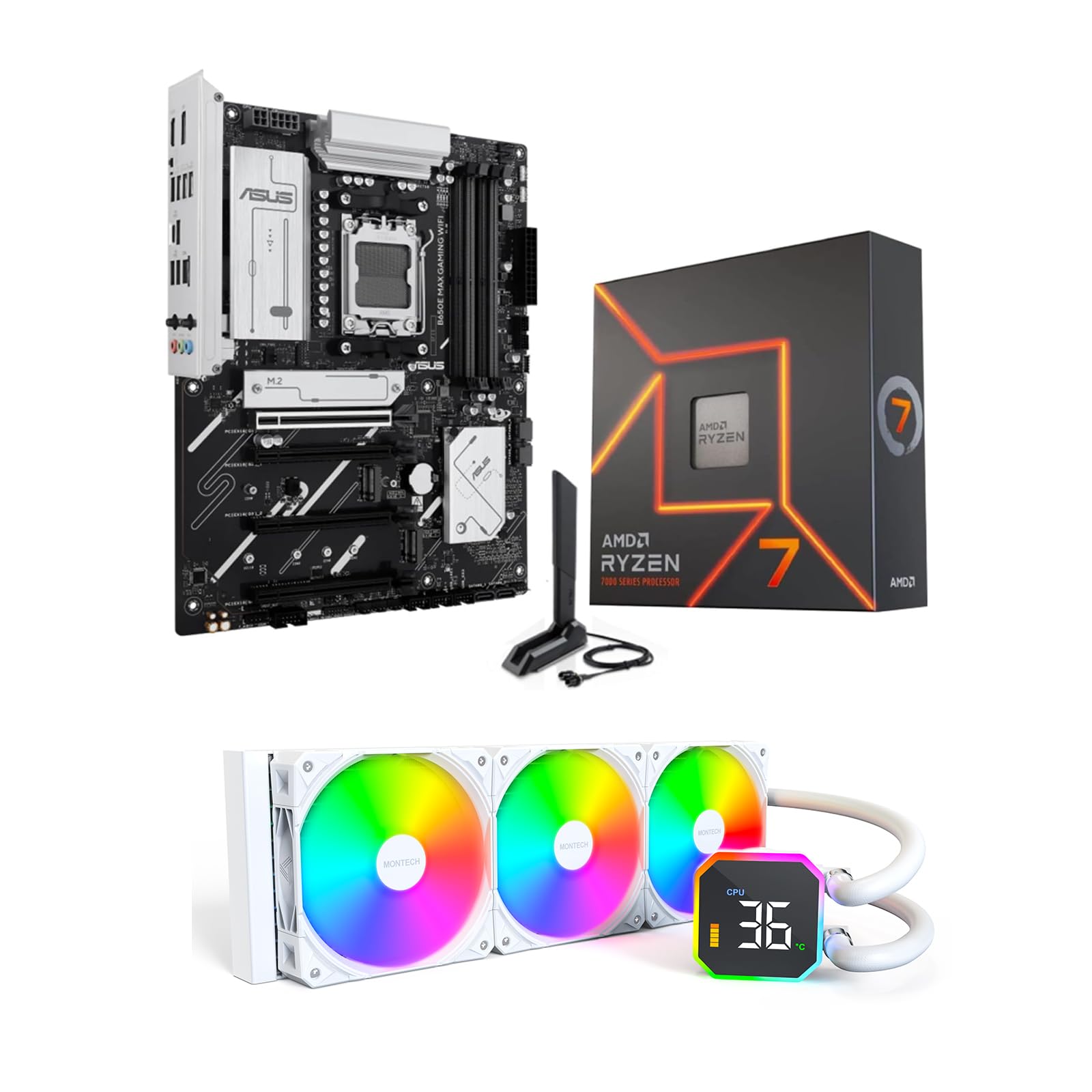 3 in 1 Bundle: AMD Ryzen 7 7700X Desktop CPU Processor + ASUS B650E MAX Gaming WiFi Motherboard + Montech Hyperflow Digital 360mm CPU AIO Water Cooling