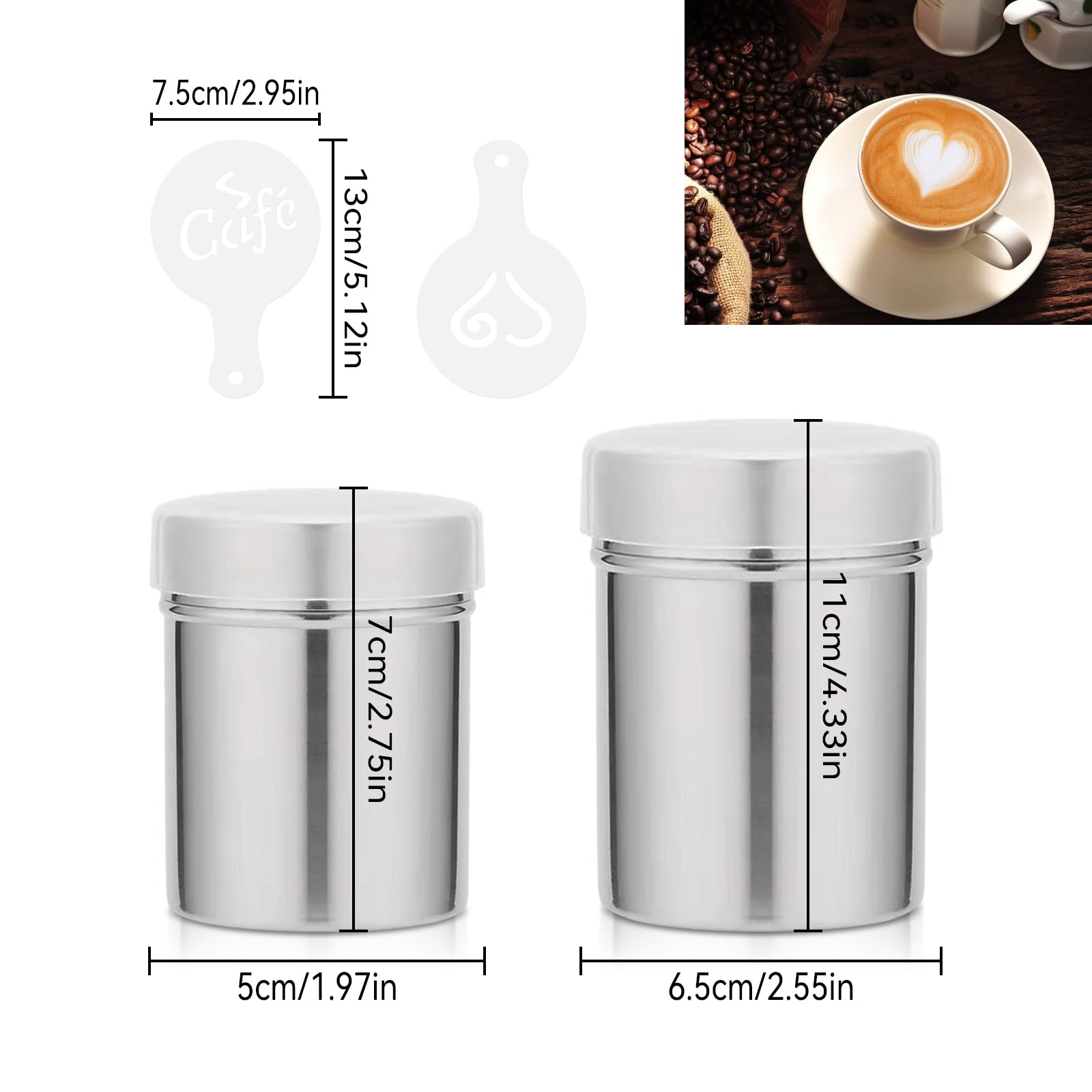 TAIZER 2 szt. Shaker do kakao ze stali nierdzewnej Shaker do kawy z pokrywką o drobnych oczkach shaker kakao koparka kakao rozdrabniacz kakao rozdrabniacz kakao Cappuccino cukier puder posypka ze