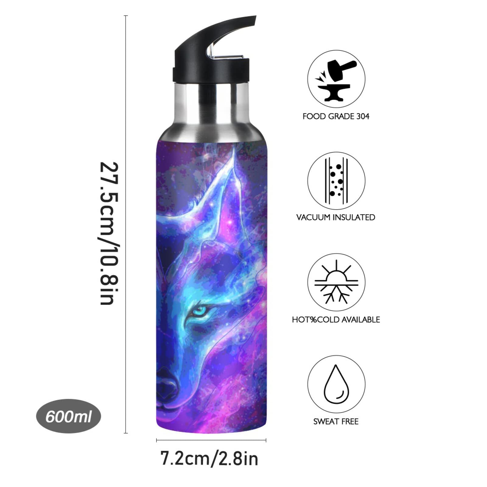 Wolf Print Galaxy Animal Water Bottle Drink Flask with Straw Lid Insulated Stainless Steel Thermos Bottle for Boys Girls Gym Sports Leakproof 600 ml - Image 3