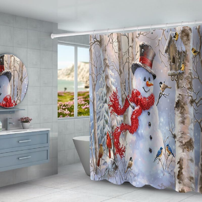 Miniatura 3 de Juego de 4 piezas de cortina de ducha de Navidad, decoración de baño con temática de muñecos de nieve, decoración de baño de Papá Noel con funda de