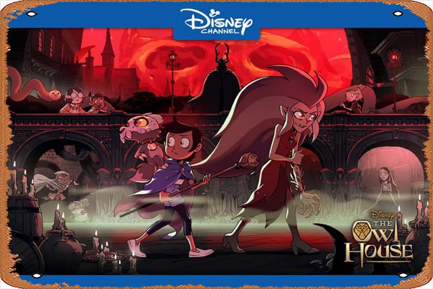 Kikimora (The Owl House), Gus Porter, Luz Noceda, Hunter (The Owl House), Willow Park, Lilith Clawthorne, Eda Clawthorne, King Clawthorne, Hooty (The Owl House), Amity Blight, The Golden Guard Retro Metal Sign for Garden Club Outdoor Indoor Home Wall Decorative 8x12 inch