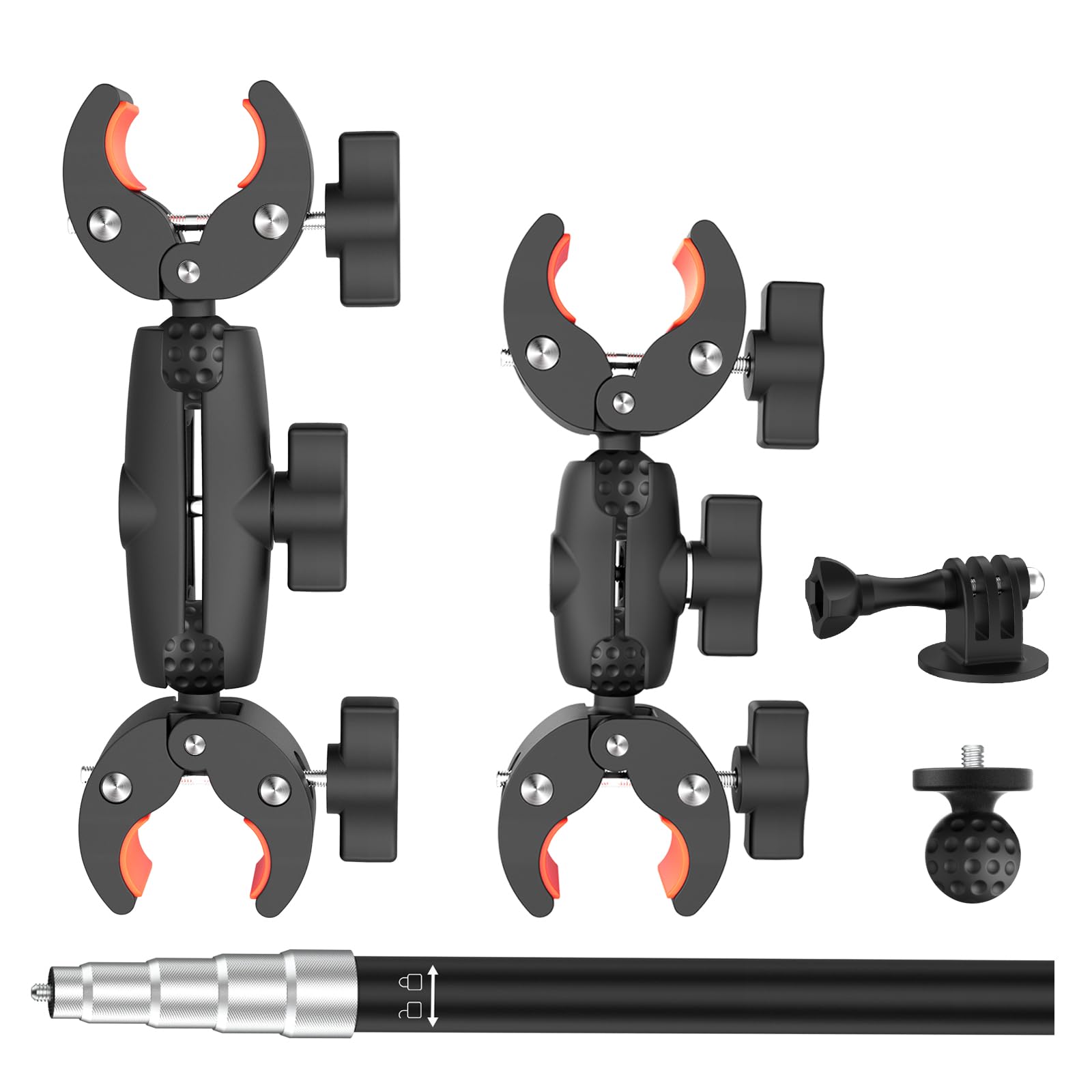 UNSTINCER Action Kamera Halterung für Gopro Insta360 DJI, mit Selfie Stick | Motorrad Fahrrad Bike Motorcycle Rennrad ATV MTB Lenker Camera Klemme Mount, Doppelklemme Third Person Halter, Double Clamp
