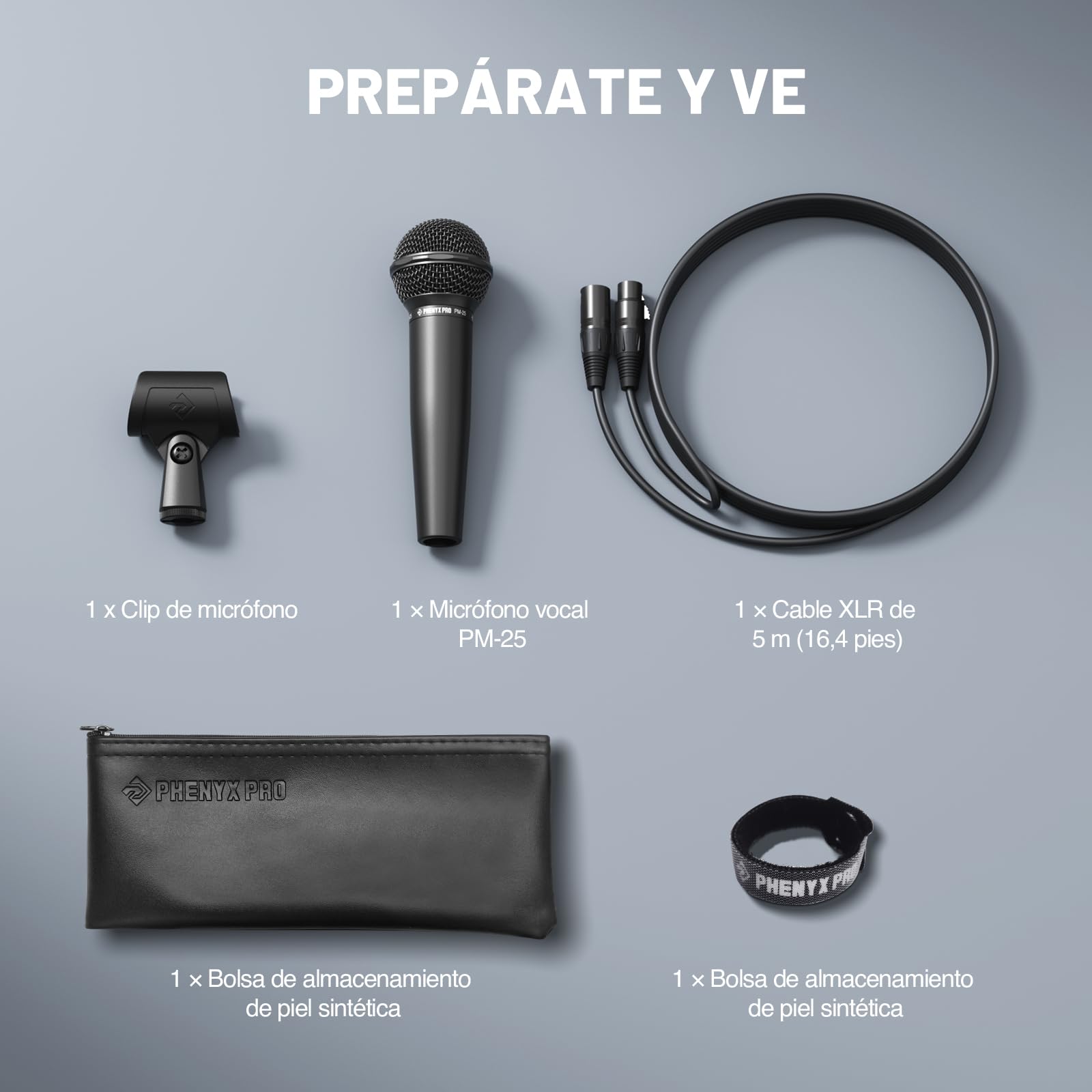 Phenyx Pro Micrófono Vocal Dinámico Cardioide XLR PM-25 | Patrón cardioide, Mic de mano dinámico, Cable XLR de 5 m, Clip de micrófono, Bolsa de transporte, Canto, Escenario