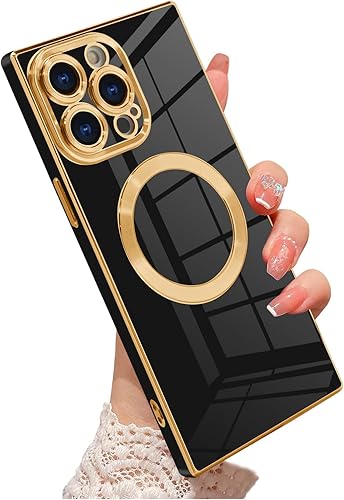 Miniatura 7 de OOK Funda magnética para iPhone 15 Pro Max cuadrada compatible con Magsafe, protección completa de la cámara, borde chapado en oro, TPU suave,