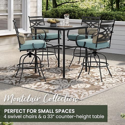 Hanover Montclair All-Weather 5-Piece Outdoor Dining Set, 4 Cushioned Swivel Counter-Height Chairs and 33" Square Stamped-Top Table, High Top Patio Dining Set for 4 for Backyard, Deck, Patio - Image 6