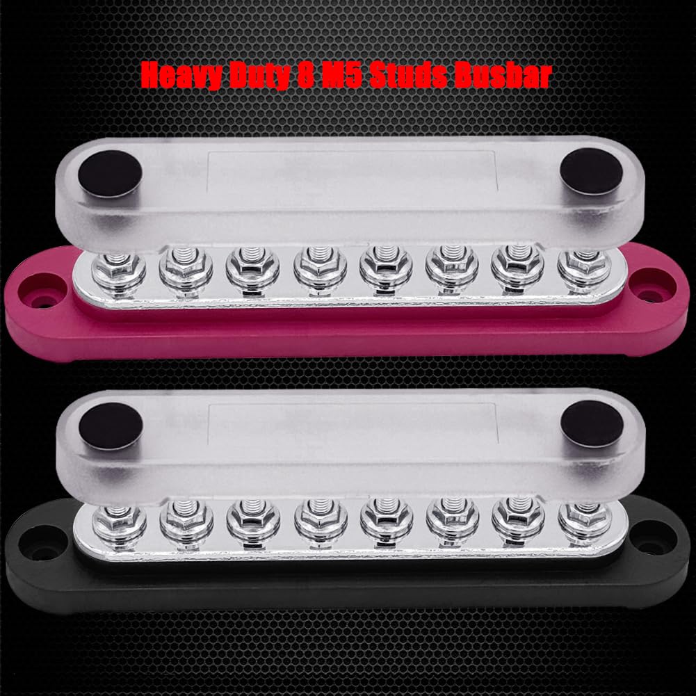 8 x M5 (#10) Studs Power Distribution Block Bus Bar 12V, Ampper 5.9" HD 120A Marine BusBar Battery Distribution Block W/Cover for Car Boat Solar (Red & Black)