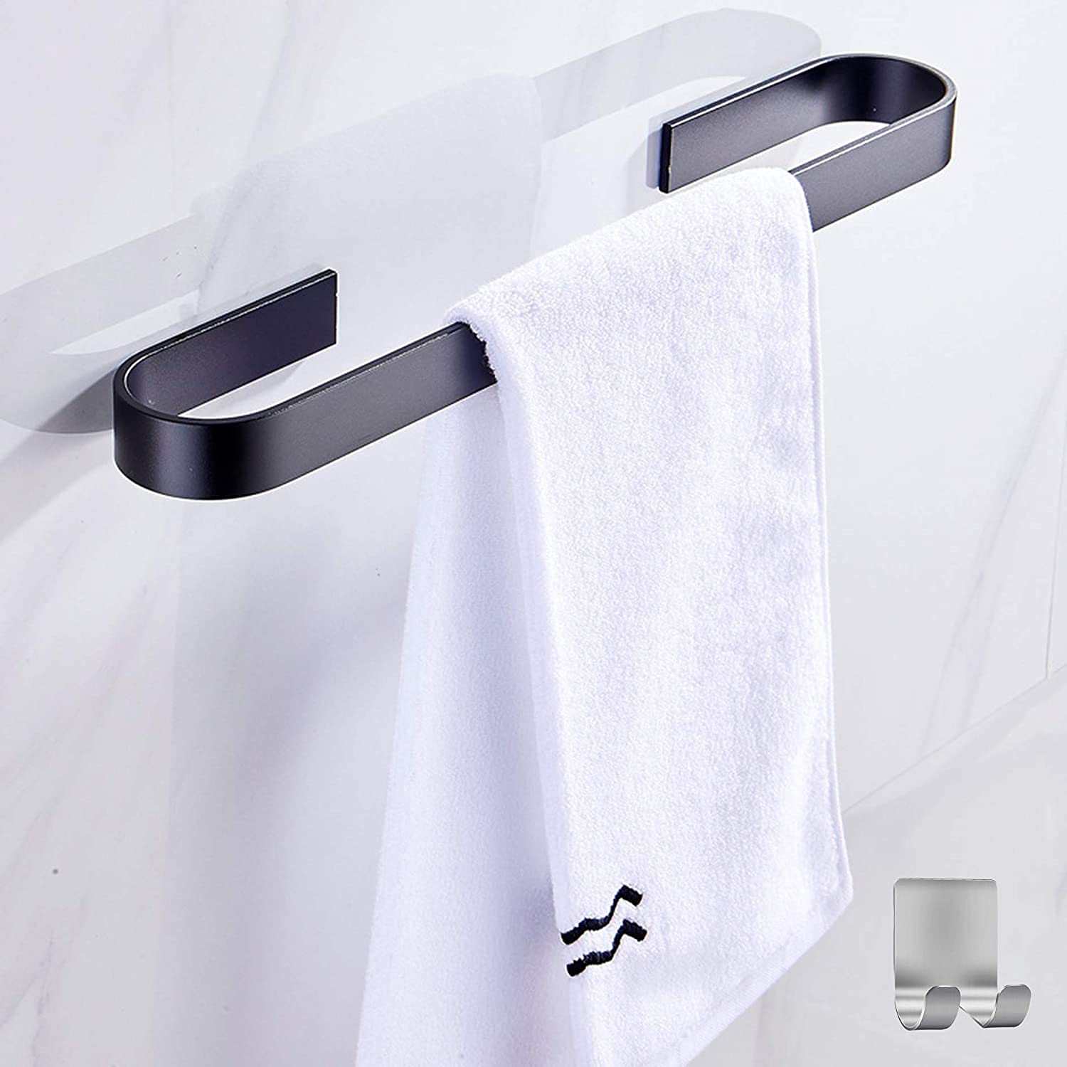 Porte-serviettes adhésif U-SD noir mat en aluminium avec crochets salle de bain