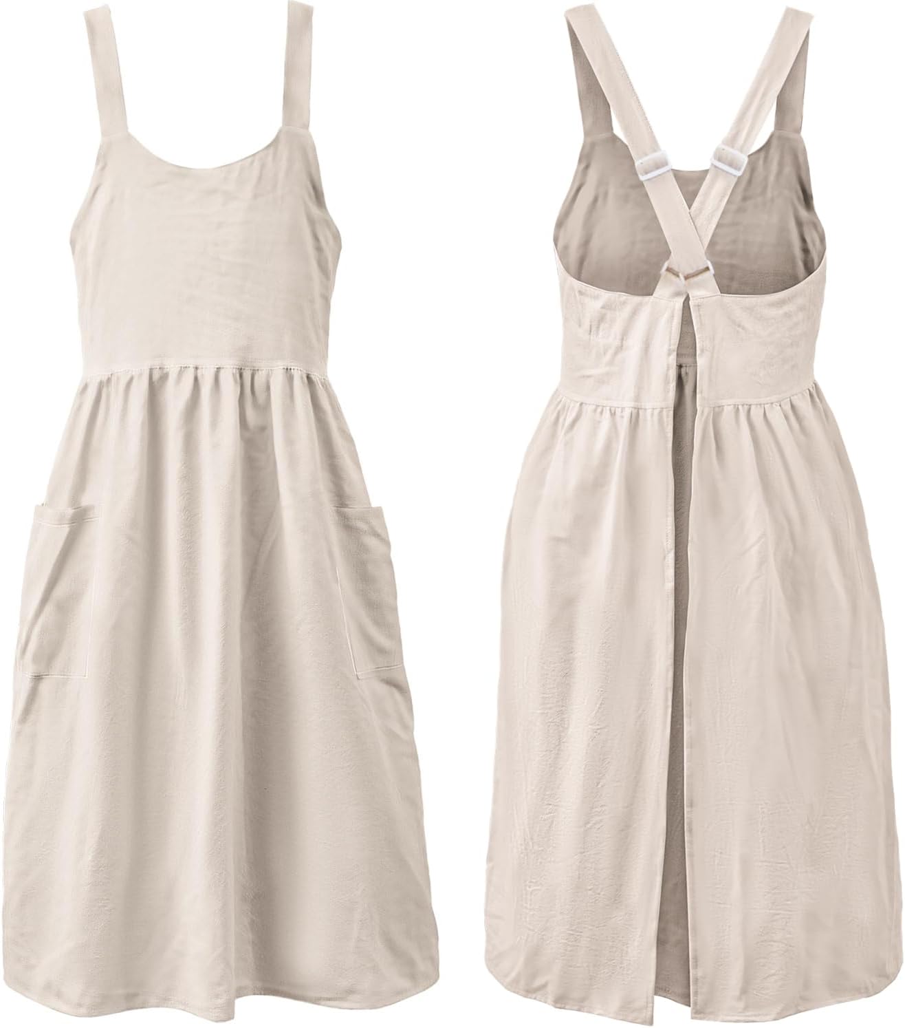 Uaussi Cotton Linen Apron Cross Back Work Apron for Women with Pockets Pinafore Dress X Cross Halter Apron for Chef Gardening