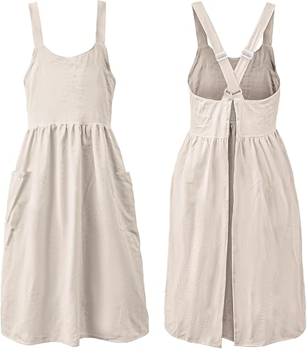 Uaussi Delantal de trabajo de lino de algodón con espalda cruzada para mujer con bolsillos, vestido de pinafore en X cruzado para jardinería de chef