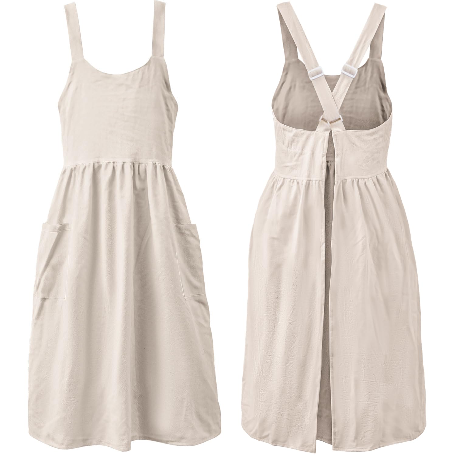 Uaussi Cotton Linen Apron Cross Back Work Apron for Women with Pockets Pinafore Dress X Cross Halter Apron for Chef Gardening