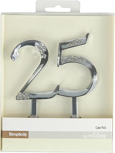 Simplicity Decoración decorativa para tartas del 25 aniversario, 4 x 2.75 pulgadas, color plateado