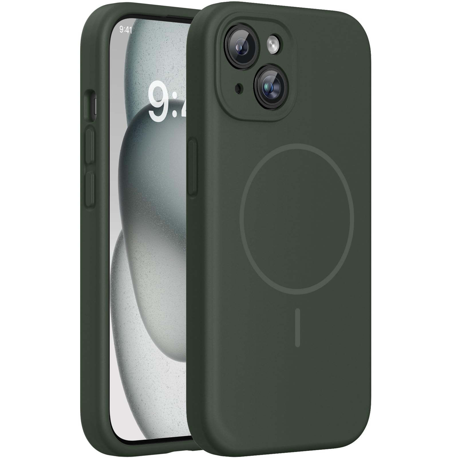 Photo 1 of Miracase Compatible with iPhone 15 Case, [Soft Anti-Scratch Microfiber Lining], Liquid Silicone Case Gel Rubber Shockproof Drop Protection Phone Case for iPhone 15, Dark Green