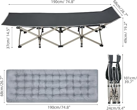 Camping Bed for Adults, Folding Cot with Mattress, 190 x 68 cm