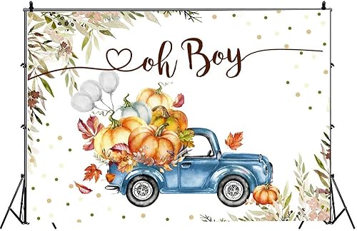 Miniatura 3 de Lofaris Telón de fondo de 5 x 3 pies con texto en inglés "Oh Baby A Sweet Little Pumpkin is On The Way" para baby shower, niños, niños, camión azul,