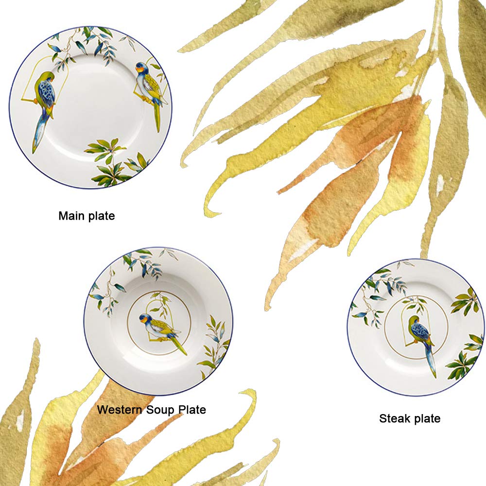 Juego de vajilla de porcelana americana de porcelana de estilo rústico, con diseño de flores y pájaros, plato de comida occidental, cuenco de arroz, combinación sencilla de porcelana