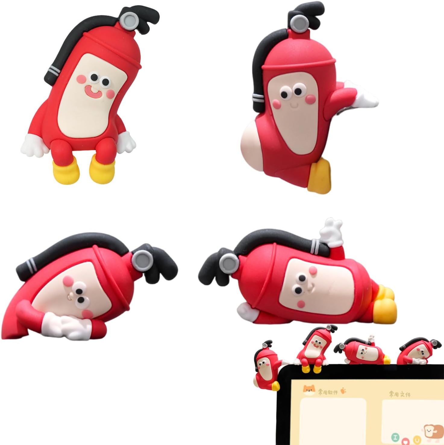 4Pcs Desk Firefighter Figurines, Cute Fire Extinguisher Computer Monitor Decor, Creative Desks Toy Figures, Mini Desk Ornaments, Monitor Decors for Vehicle & Office Decor
