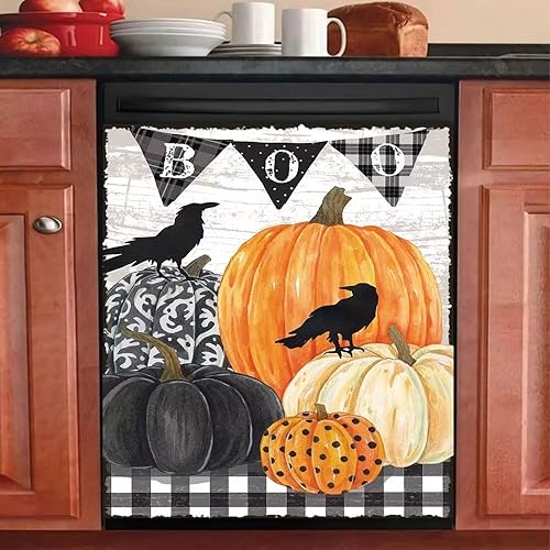 Cubierta magnética para lavavajillas con diseño de calabazas de Halloween, cuervo de otoño, color negro, blanco, a cuadros, grano de madera,