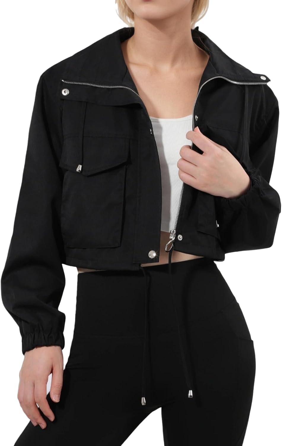 Fecialy Womens Cropped Jacket Lightweight Zip Up Short Jacket Oversized Utility Anorak Coat with Pockets
