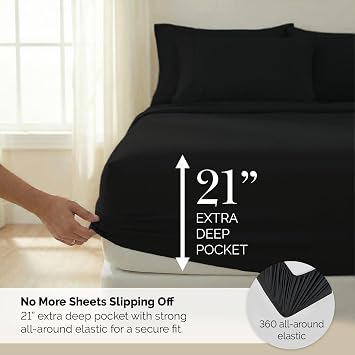 SouthShore Fine Living Vilano Pleats, 3-Piece, 21-Inch Extra Deep Pocket Sheet Set, Twin Sheets Set with Flat Sheets and Pillowcase, Easy Care and Shrinkage-Free Deep Pocket Sheets, Sheet Set, Black