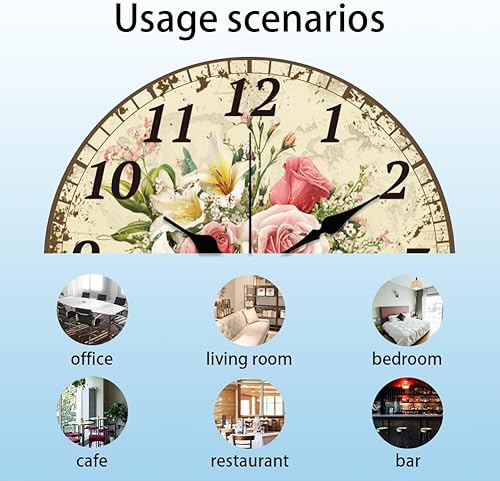 Miniatura 3 de CHGCRAFT Reloj de pared retro de 12 pulgadas, funciona con pilas, sin tictac, flores silenciosas, reloj de cocina decorativo para sala de estar,
