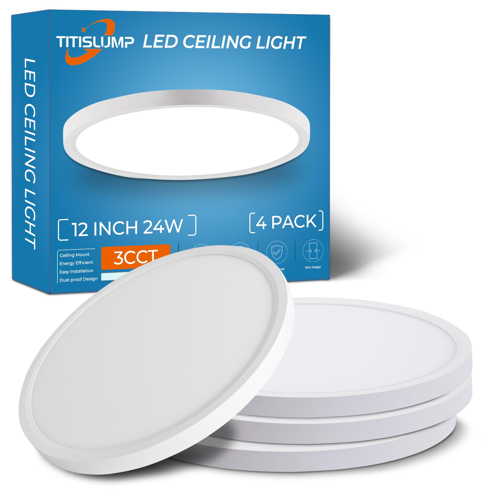 TITISLUMP LED Flush Mount Ceiling Light 4 Pack, 12-Inch Dimmable Low Profile Ceiling Light with 3 CCT (3000K/4000K/5000K), 24W 2400LM, 5%-100% Dimming for Bedroom, Living Room & Porch, White