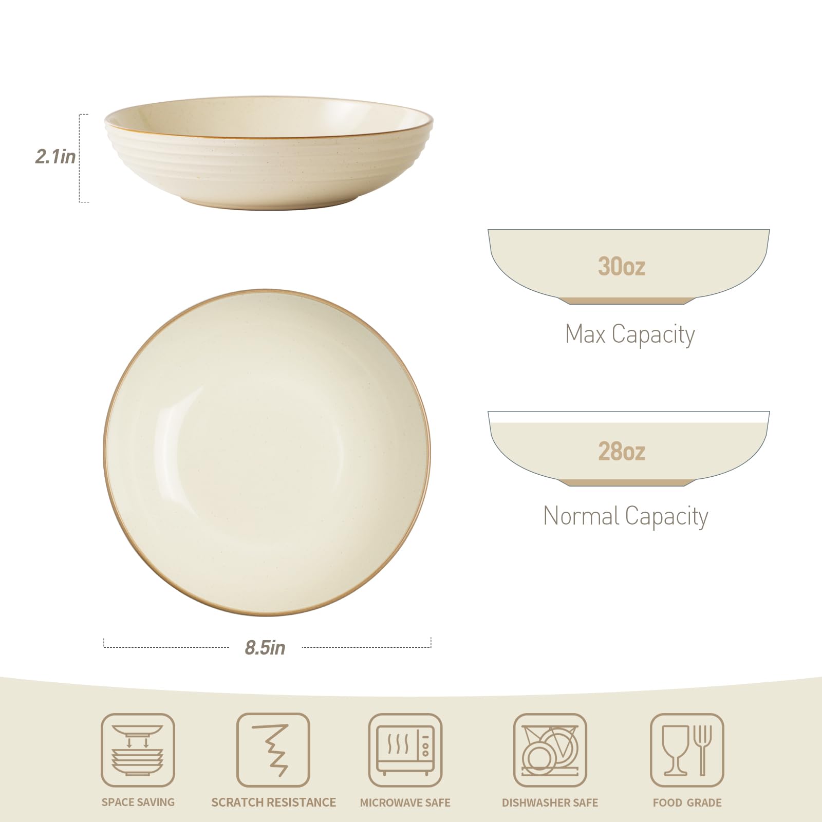 famiware Jupiter – Lot de 4 grands bols à pâtes de 887 ml, passent au micro-ondes et au lave-vaisselle, robustes et empilables, bols de service pour cuisine, blanc vanille