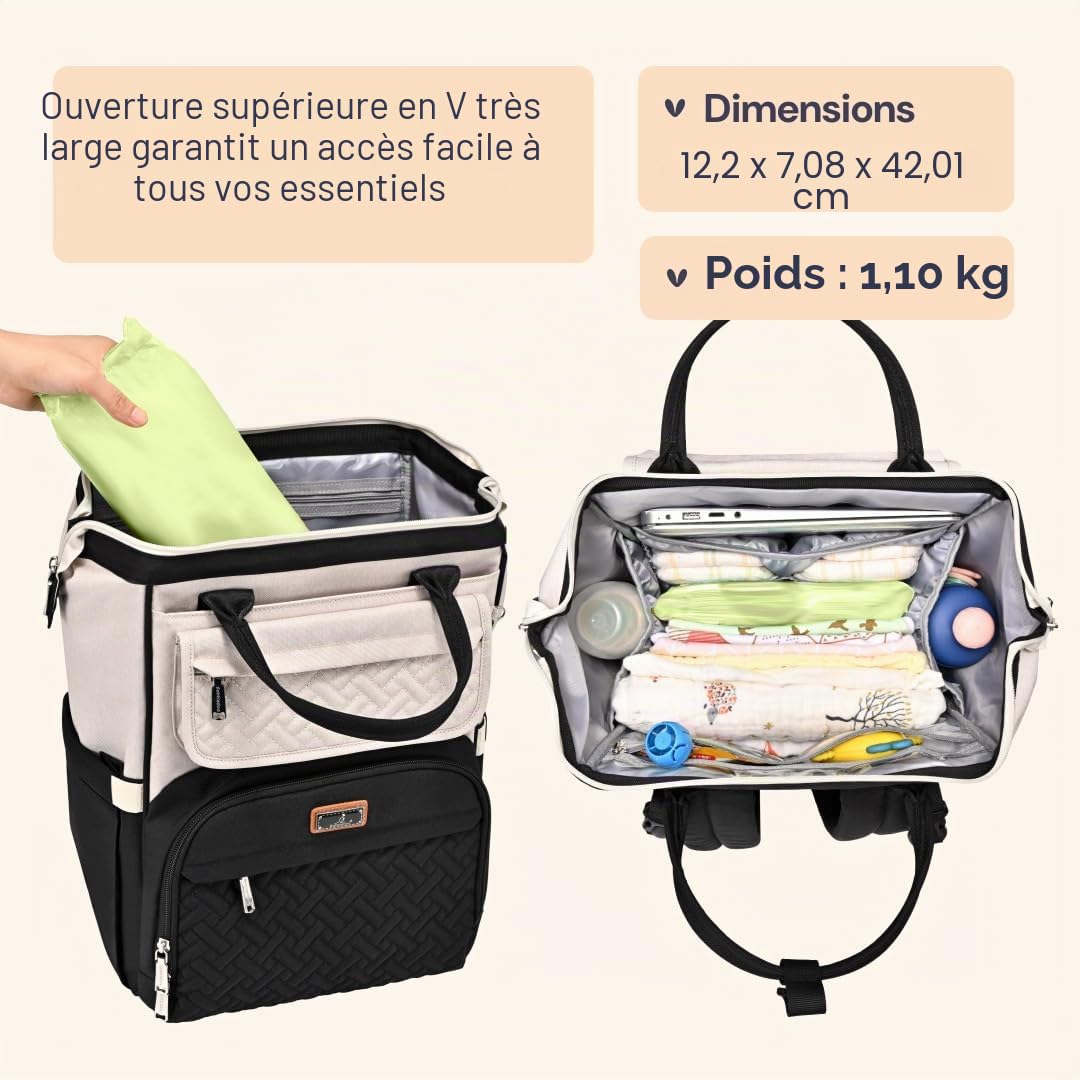 BabbleRoo Sac à Langer Bébé, Sac à Dos à Langer Grande Capacité Déperlant – Large Ouverture sur le Dessus, Tapis à Langer, Étui à Sucette Amovible, Sangles Poussette, Sac de Voyage Unisexe