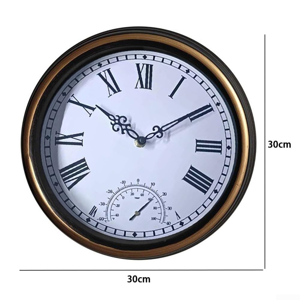 Grande orologio da esterno 30,5 cm impermeabile orologio da parete con termometro retrò giardino patio Decor silenzioso movimento al quarzo bronzo