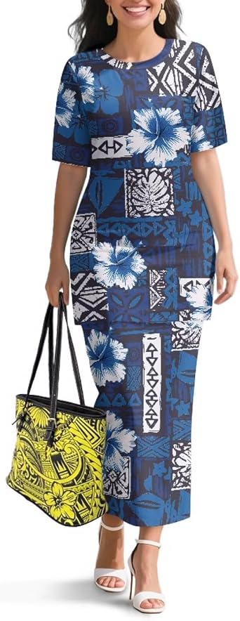 Polynesian Puletasi Samoa Dress for Women Summer 2 Piece Plus Size Short Sleeve High Waist Long Maxi Skirts Set