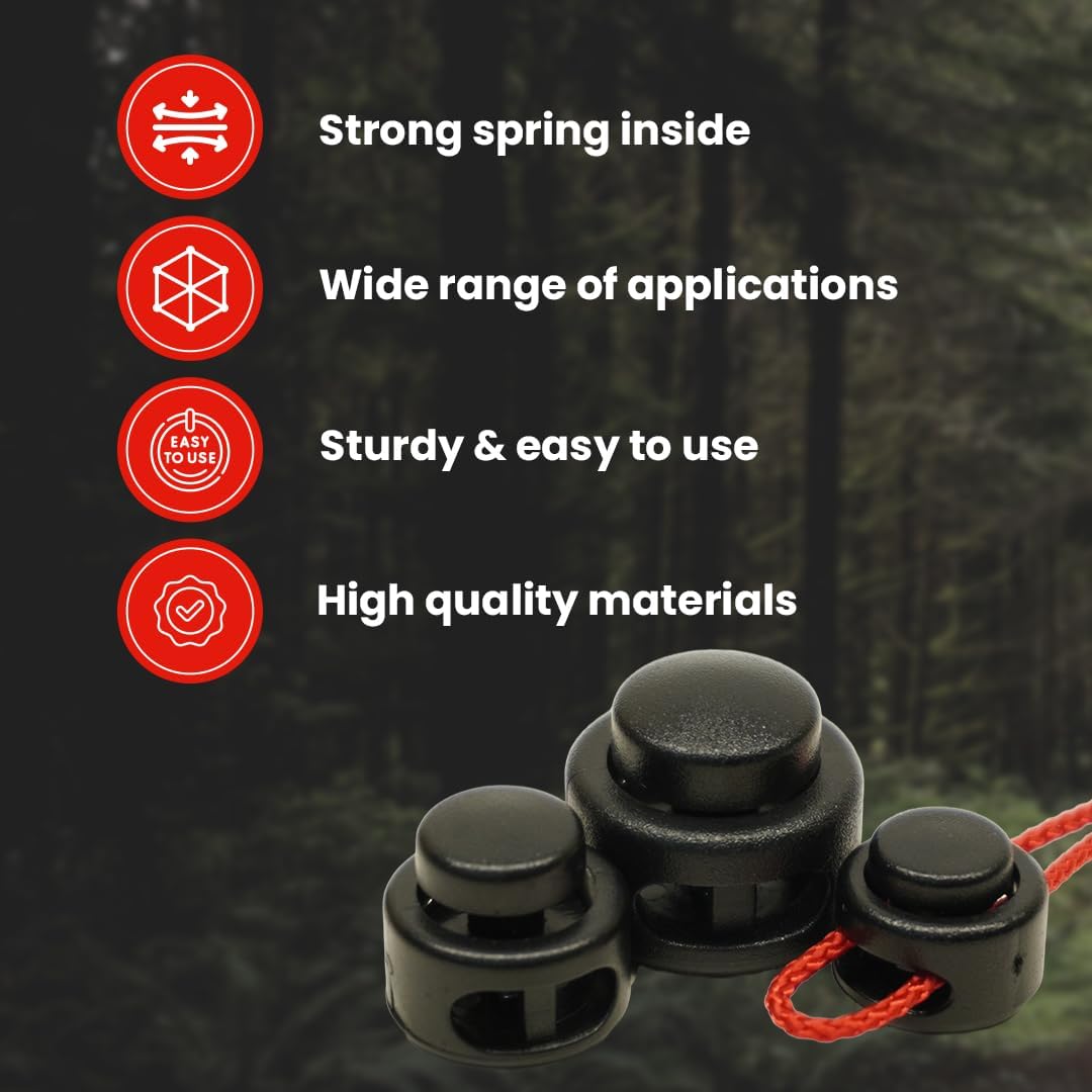 Cord Lock Black Plastic Toggles – Double Hole Adjustable Fastener for Hoodies Shoelaces Drawstring Pants and Paracord