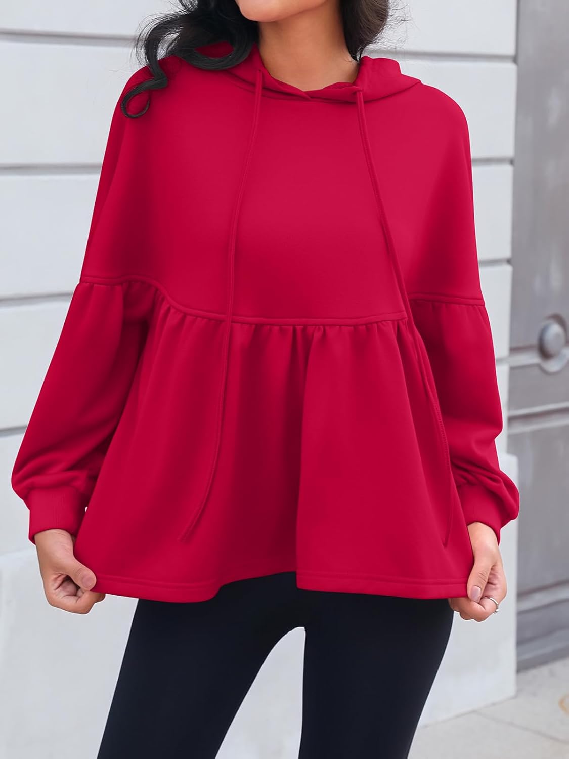 Womens Oversized Hoodies Sweatshirts Casual Lantern Sleeve Peplum Tops Drawstring Loose Hooded Pullover Workout Top - Image 2