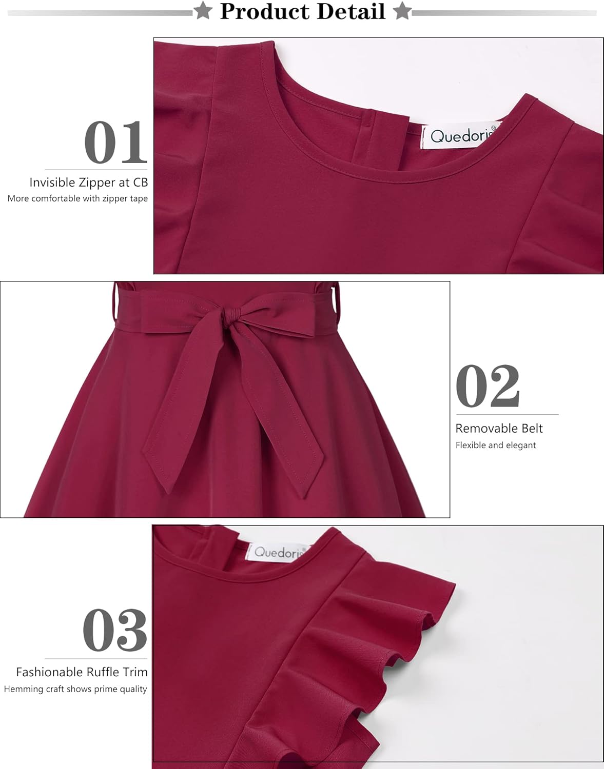 Quedoris Girls Ruffle Trim Dress Print and Solid Color A-line Swing Flared Belted Casual Party Dress with Zipper - Image 5