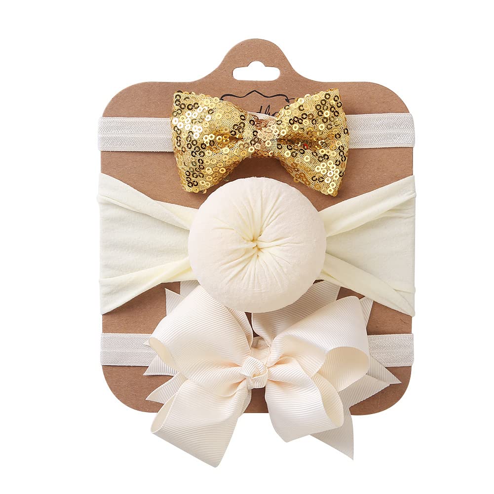 SYGA 3 Pcs Baby Headband Set, Soft Stretchable Nylon Hairbands with Glitter Bow and Knotted Design for Newborn, Infant, and Toddler-0-3 Years (Beige)-picture-16