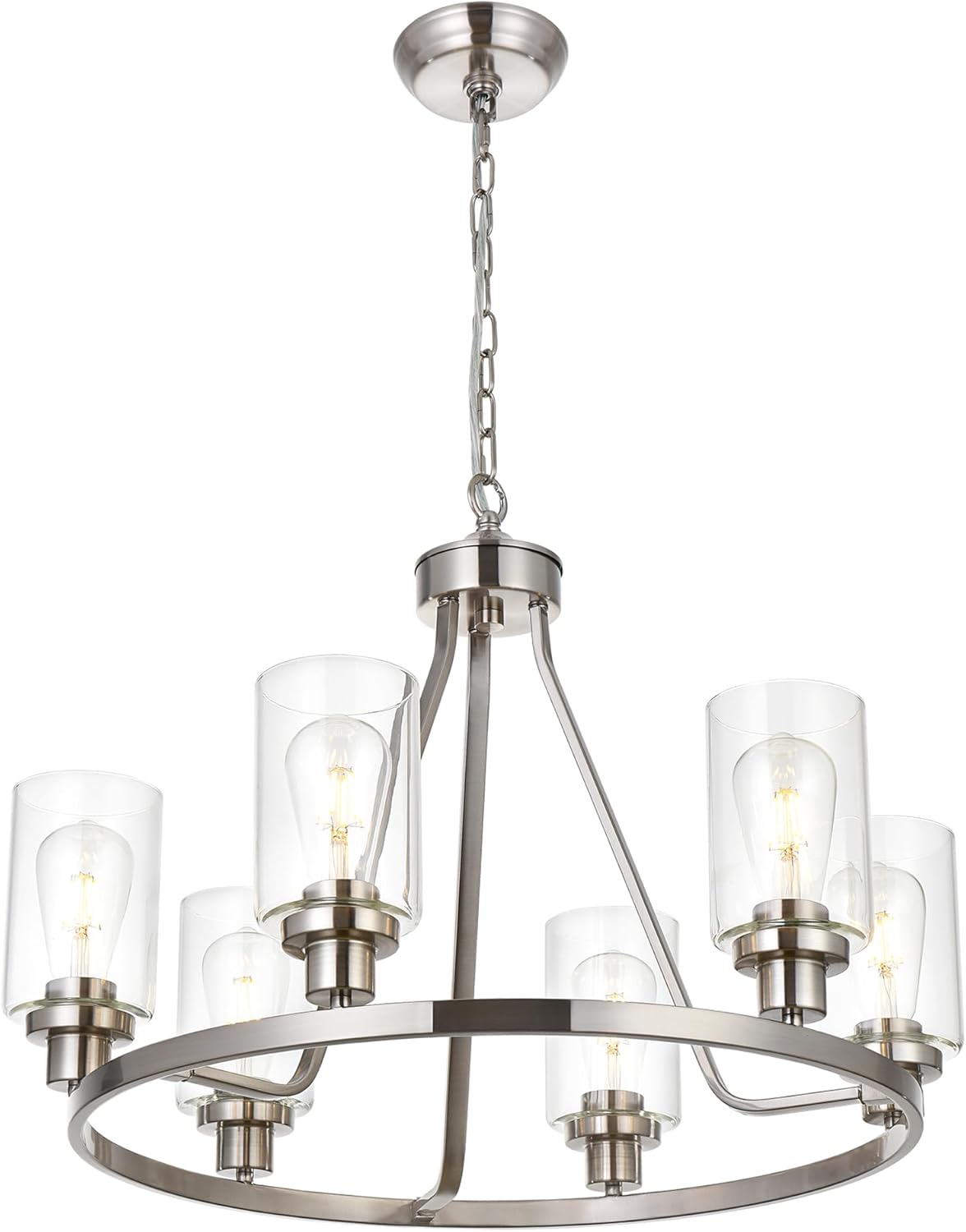 MELUCEE 6 Lights Round Chandelier Brushed Nickel Island Lighting Dining Room Lighting Fixtures Hanging Glass Pendant Light for Kitchen Living Room Bedroom