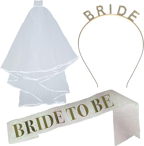 ZHENNAN Juego de diademas doradas para novia y velo de novia blanco con peine y banda dorada para novia, 3 piezas con purpurina, regalos de