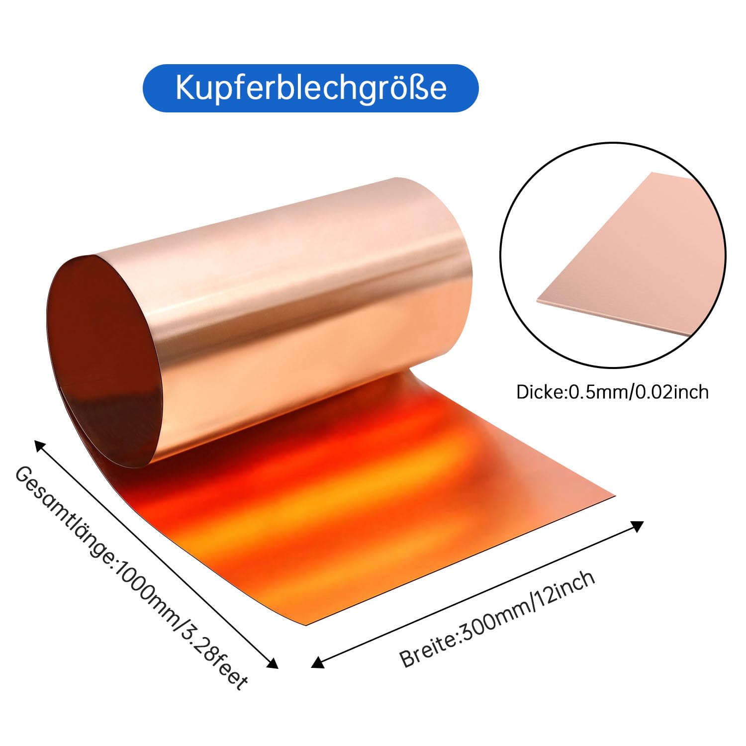lastra di rame, fogli di rame 1000 x 300 x 0.5 mm, Applicabile a vari progetti di riparazione domestica e fai-da-te