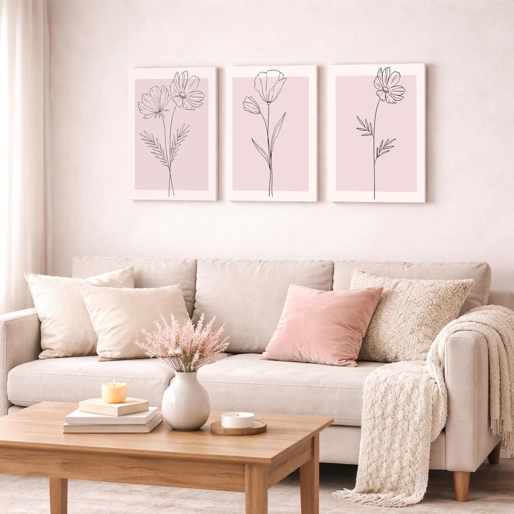 Pink Wall Art Set of 3 Framed, Blush Pink Floral Canvas Wall Decor Pictures, Minimalist Botanical Line Art Prints for Girls Bedroom Teen Room Living Room Aesthetic 12x16 Inch