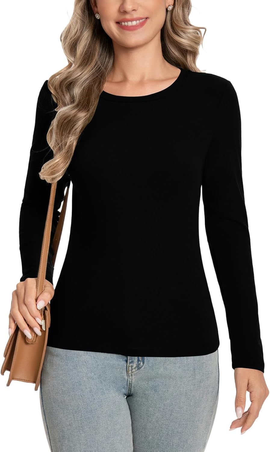 Long Sleeve Shirts for Women Ribbded Crew Neck Basic Tops Slim Fitted Fall Clothes