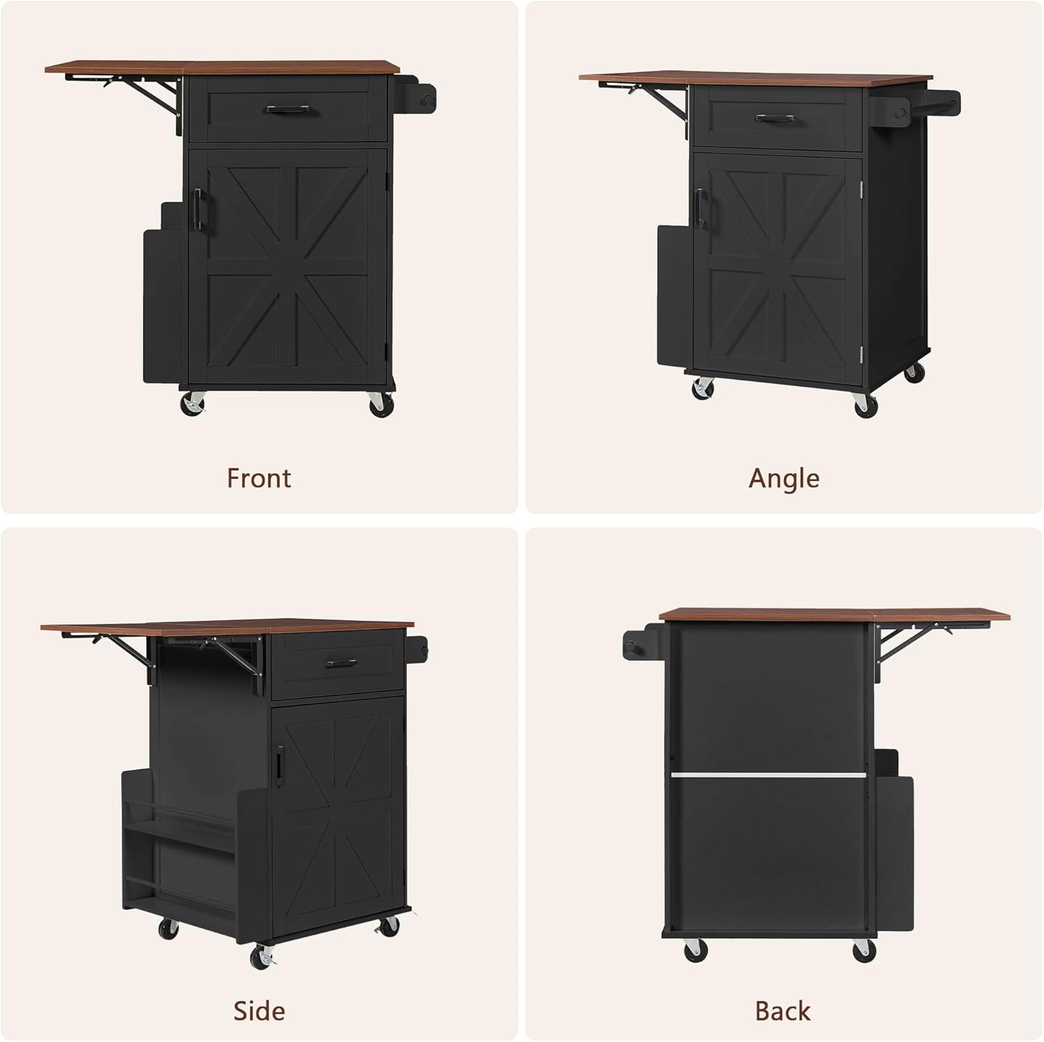Kitchen Island with Storage, Rolling Kitchen Table on Wheels with Drop Leaf - Open Spice Rack&Towel Rack, Drawer, Cabinet, Adjustable&Removable Shelf, for Kitchen, Dinning Room, Black