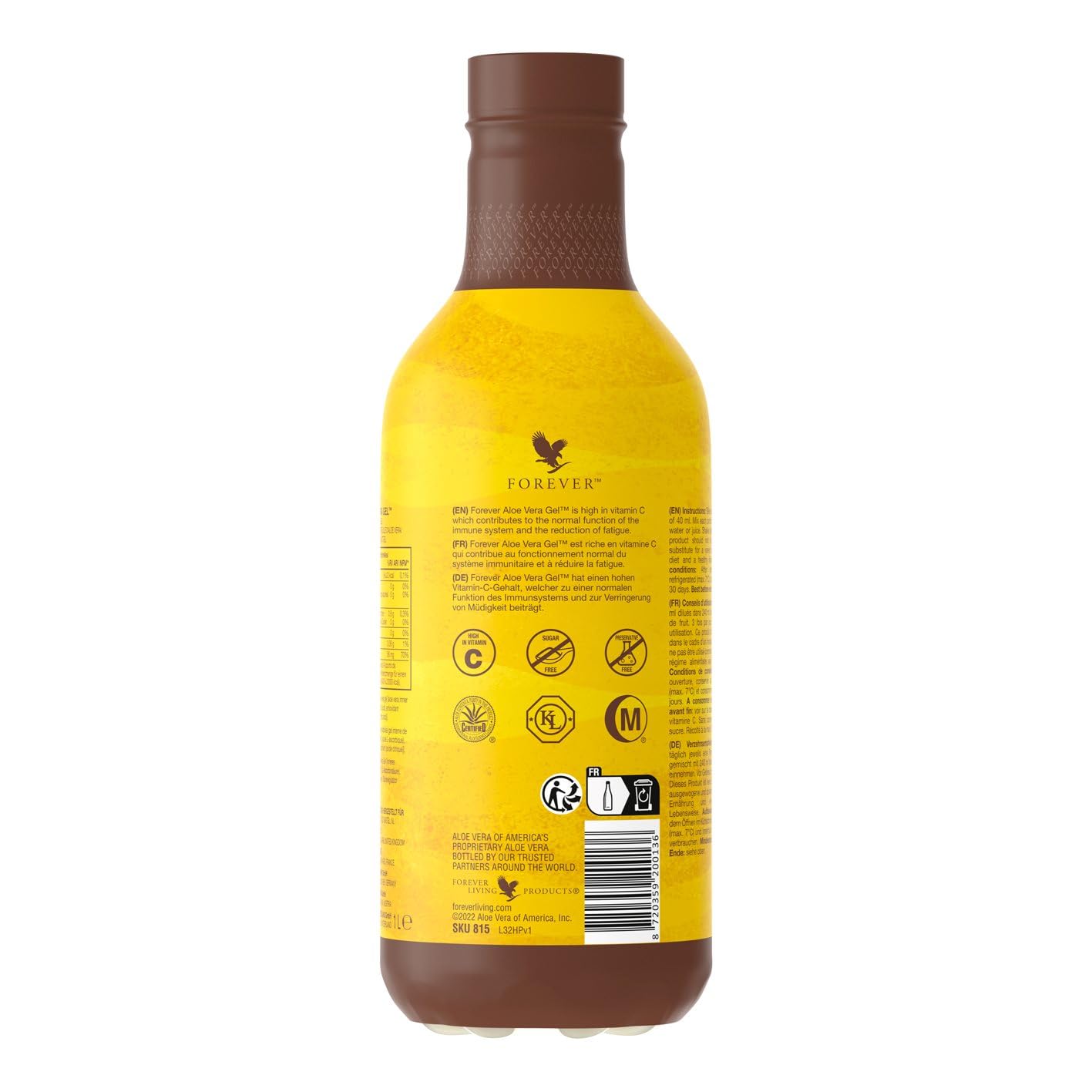 Forever Aloe Vera Gel (1 Liter Saft zum trinken), 100% pures zertifiziertes Aloe Vera Gel, zuckerfrei, ohne Zusatz von Konservierungsstoffen, VitaminC