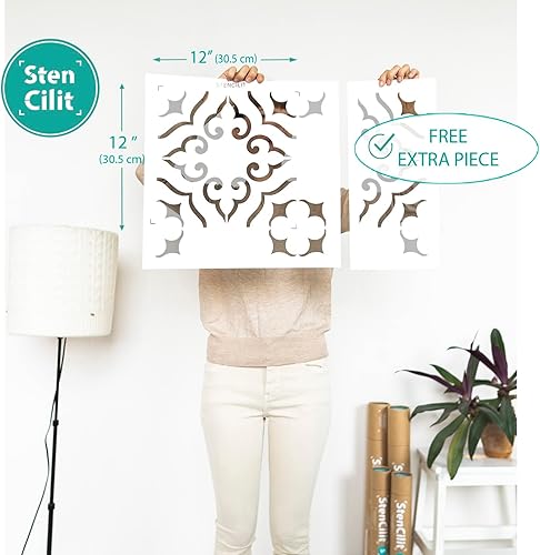 Vista 2 de STENCILIT® Malaga Tile Stencil for Floors - 2-Pack for a 12" x 12" Tile Stencil - Concrete Stencils for Patio - Tile Stencils for Painting Floors