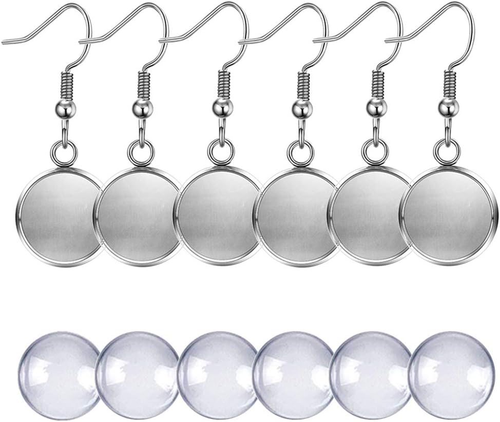 DROLE 30 Sets (15 Pairs) 12mm Earring Wire Hooks Cabochon Settings-30Pcs Earring Wire Hooks with 30Pcs 12mm Glass Cabochons for Jewelry Making DIY Crafts