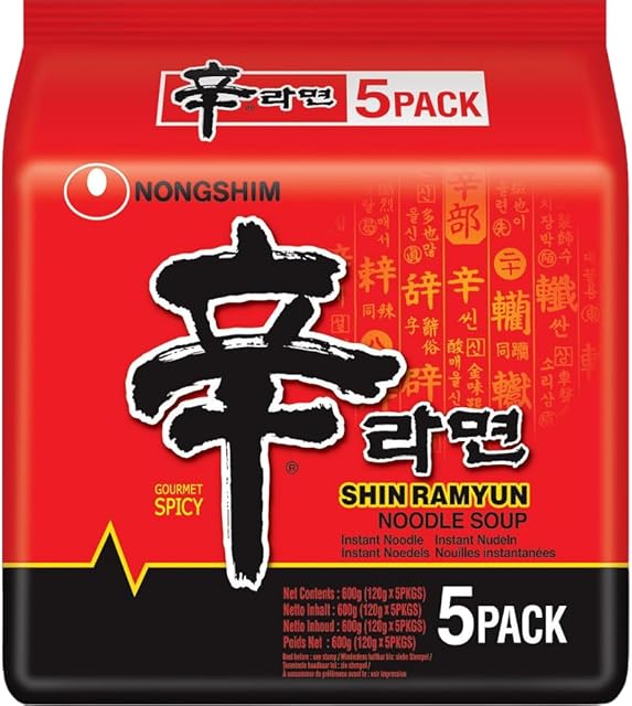 Nong Shim Makaron instant Shin Ramyun  koreańska zupa z wołowiny, ramen ostre, szybkie przygotowanie, 600 g (5 x 120 g)