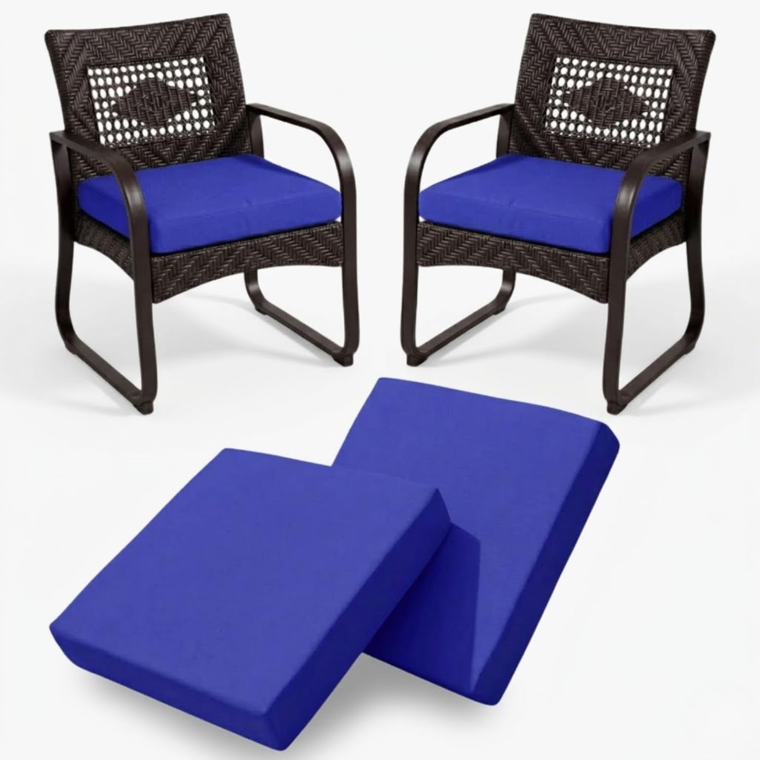 2 Pieces Waterproof Garden Chair Seat Pads Thick Rattan Outdoor Seat Cushions Removable Zipped Cover, Patio Dining Chair Pads for Indoor & Outdoor Furniture Seat Pad (Royal Blue, 60cm x 60cm x 7cm)