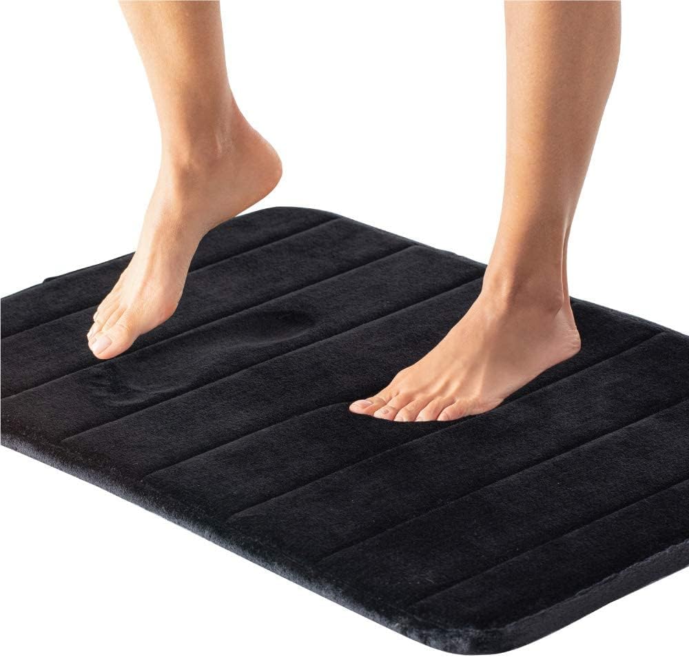 Gorilla Grip Memory Foam Bath Rug Solid and Striped, Solid Bath Rug in Size 30x20 and Striped Memory Foam Bath Rug in Size 24x17, Both in Black, 2 Item Bundle