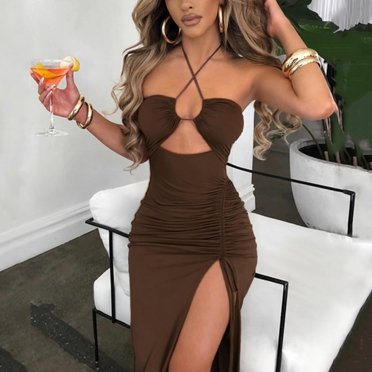 Women Sexy Halter Bodycon Maxi Dress Summer Cut Out Side Split Sleeveless Dress Ruched Backless Clubwear for Party Date - Image 2