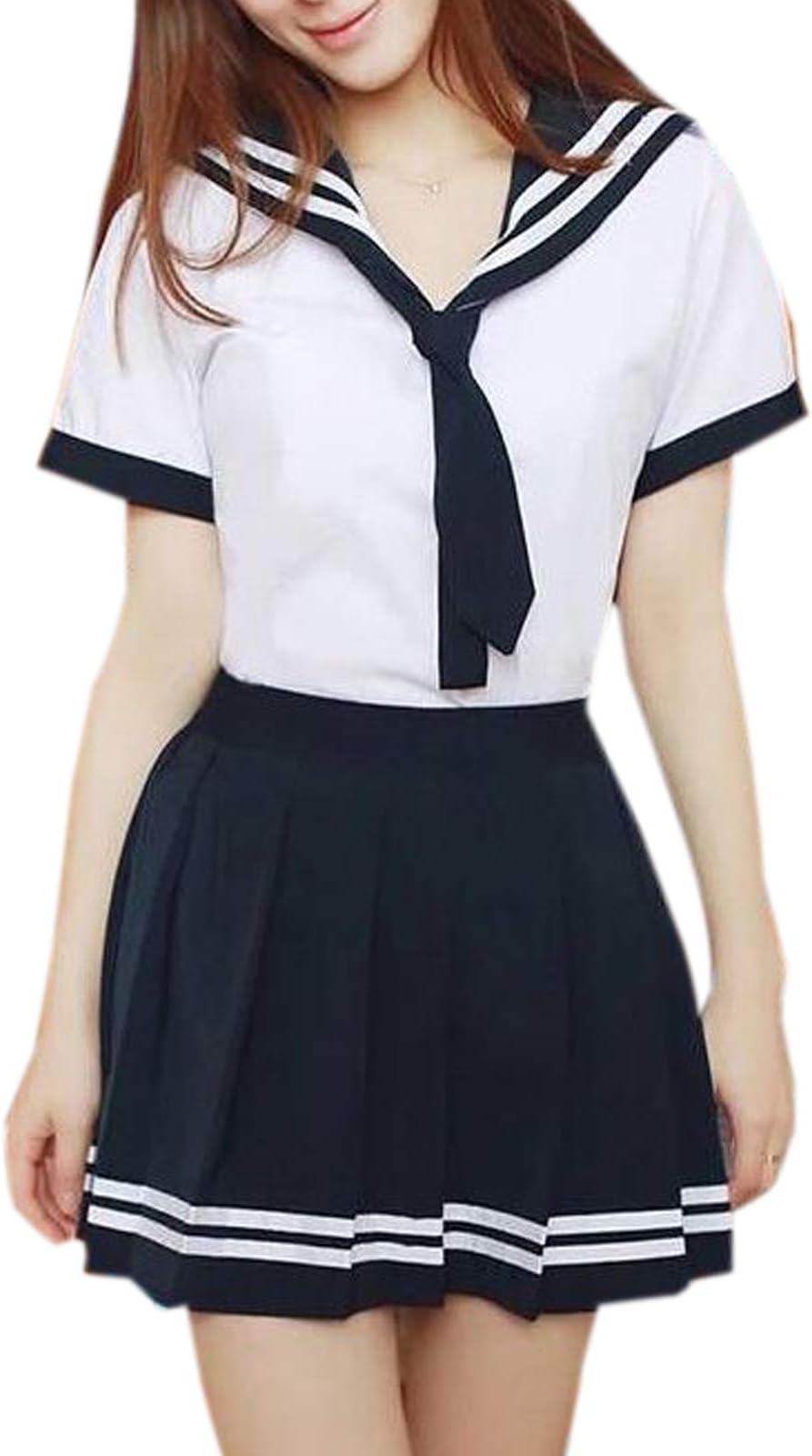 WSLCN Womens Sailor Suit Anime School Girl Uniform Dress Japanese Skirt Cosplay Costume Short Sleeve Shirt Mini Pleated Skirt Navy Blue S