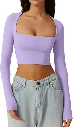 QINSEN Womens Sexy Square Neck Crop Top Long Sleeve Slim Fit Cropped T Shirts